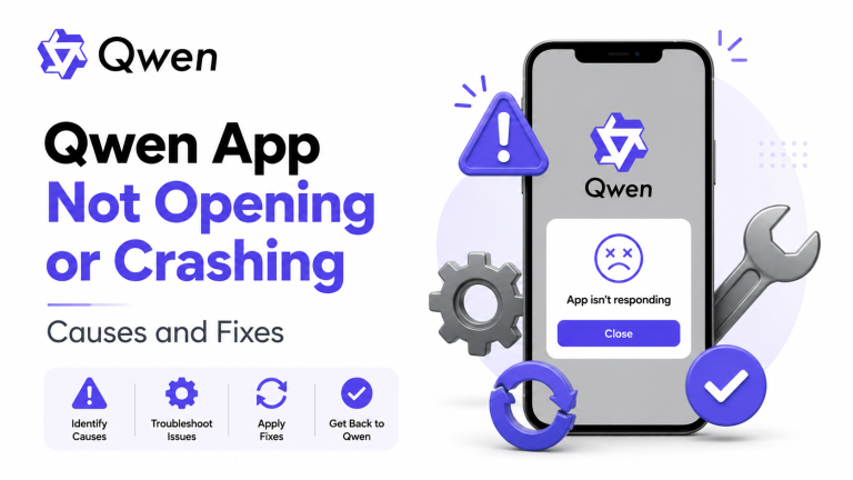 Qwen app not opening or crashing troubleshooting guide showing app error, warning icon, and fixes