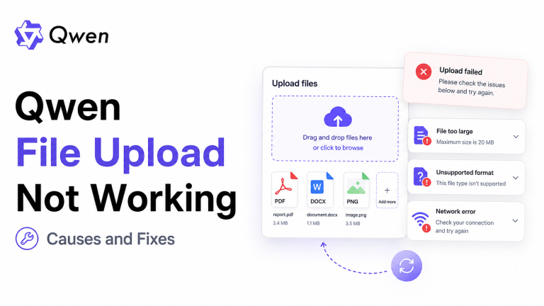 Qwen file upload not working guide showing upload failure, file size, unsupported format, and network error fixes