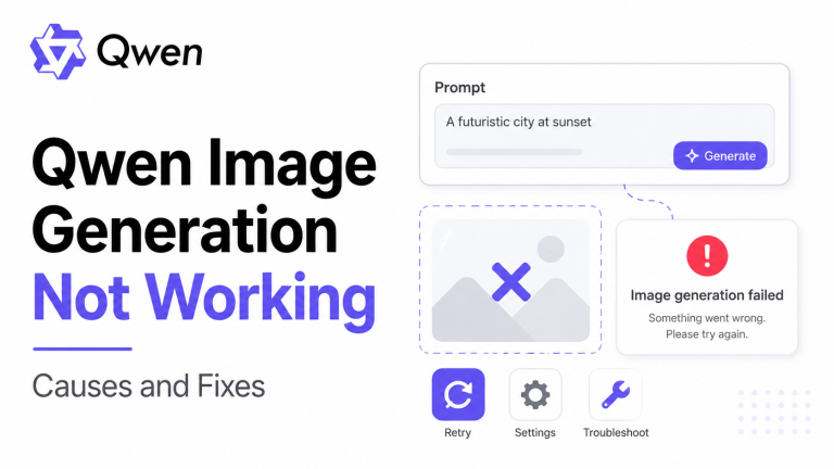 Qwen image generation not working guide showing image generation failure, retry, settings, and troubleshooting options