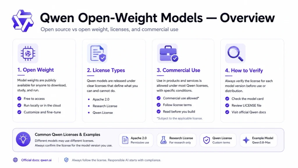Qwen open-weight models overview explaining open weights, license types, commercial use, and license verification.